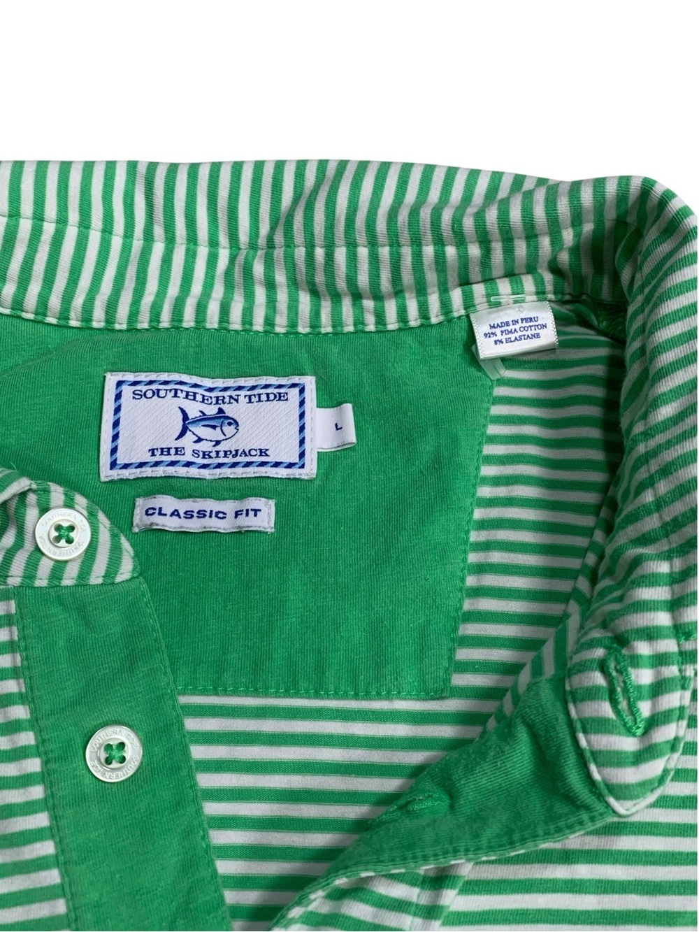 Southern Tide Skipjack Polo Men’s L Green White Stripe Pima Cotton Classic Fit - Picture 3 of 7